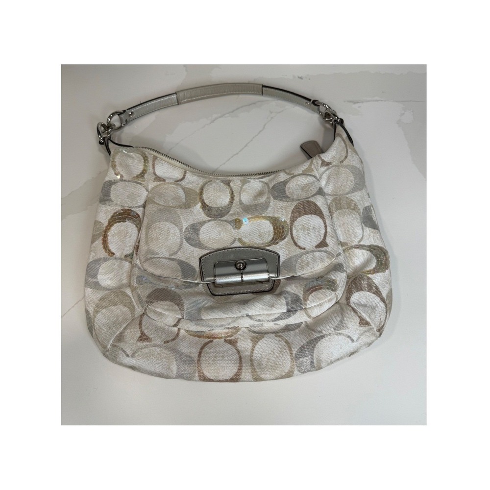 Coach Kristin Signature Op Art Sequin Hobo Shoulder Bag Cream Silver Style 10340